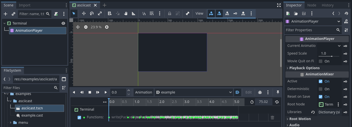 Asciicast .cast imported and used via AnimationPlayer on a Terminal node
