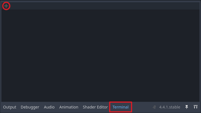 Empty terminal panel with dock and new terminal buttons highlighted