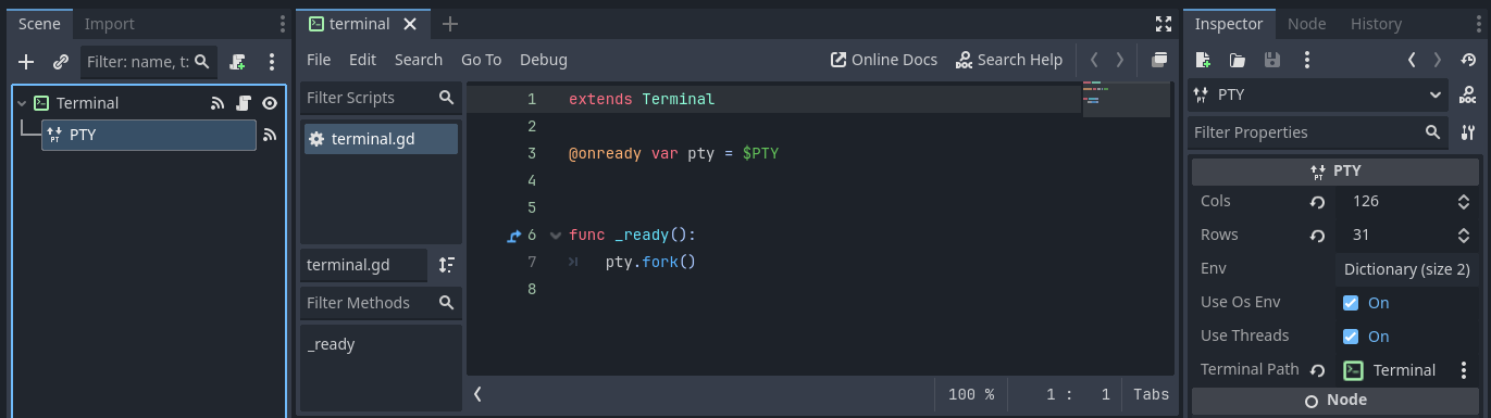 Scene tree with PTY child node attached to a Terminal node
